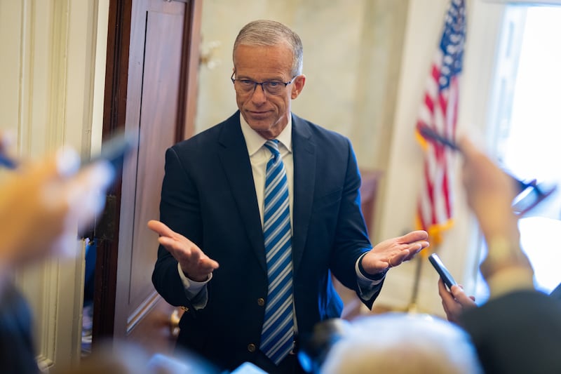 Tension has been simmering between Senate Majority Leader John Thune, pictured speaking to reporters on July 23, 2026, and President Trump.