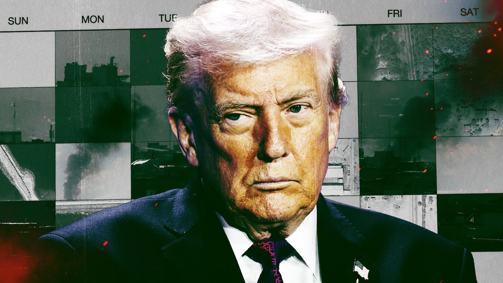 Donald Trump in front of a a collage of bombing photos.