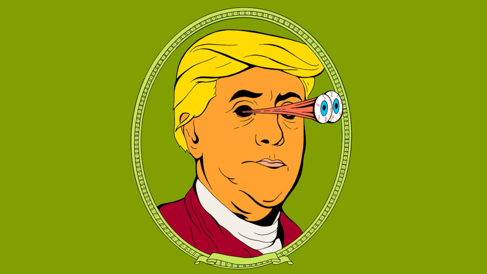 Illustration of Benjamin Franklin from the $100 bill with Donald Trump hair and shocked, bulging eyes.