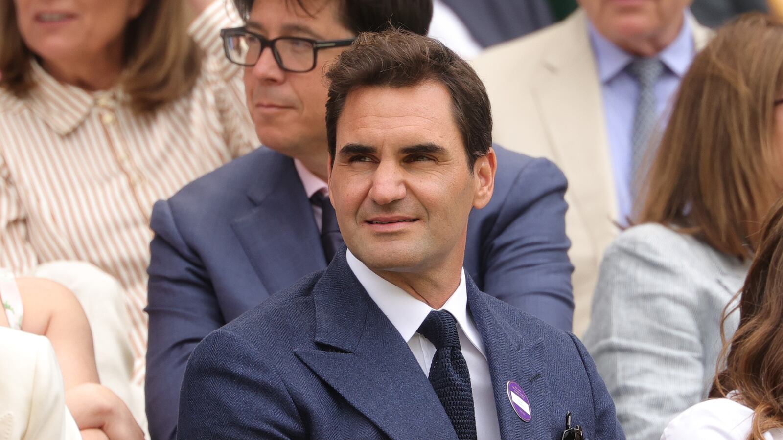 LONDON, ENGLAND - JULY 07: Former tennis player, Roger Federer, looks on in the Royal Box prior to the Gentlemen's Singles fourth round match between Alex De Minaur of Australia and Novak Djokovic of Serbia on day eight of The Championships Wimbledon 2025 at All England Lawn Tennis and Croquet Club on July 07, 2025 in London, England.
