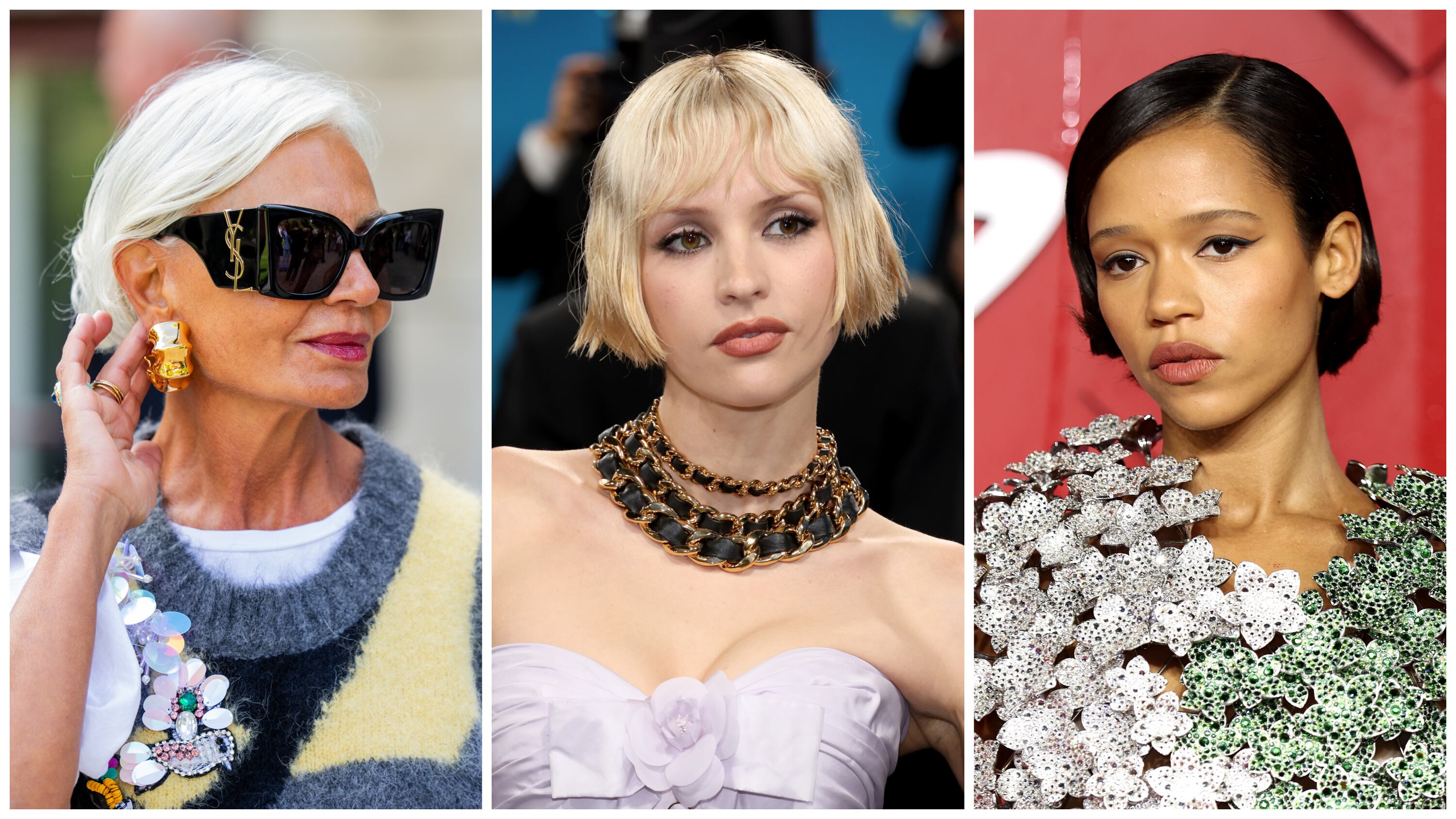 Three high-fashion micro bobs worn by Grece Ghanem, Angèle, and Taylor Russell