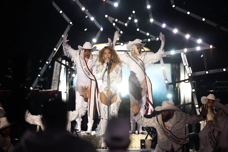 Musician Beyonce preforms during the half time show between the Baltimore Ravens and the Houston Texans