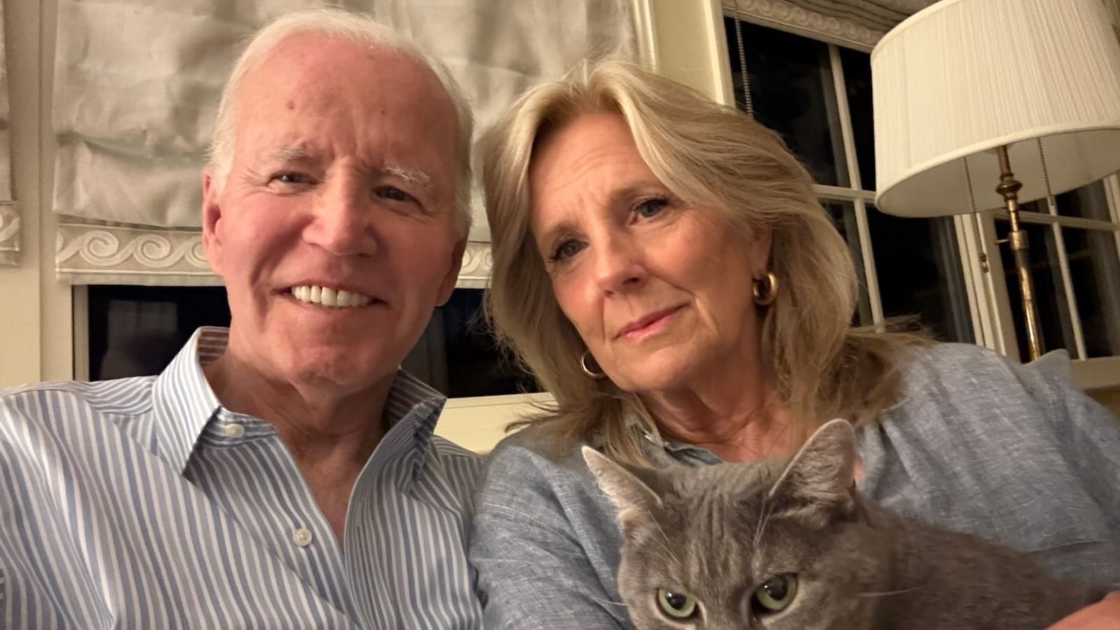 Joe Biden with Jill Biden and a cat, a photo issued in his first statement about his cancer diagnosis.