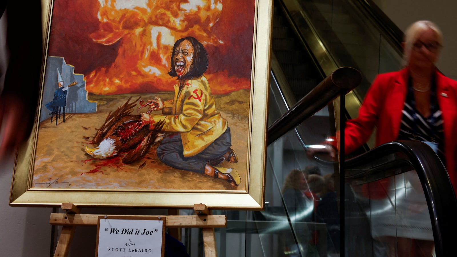 A view of a painting portraying U.S. Vice President Kamala Harris during the Moms for Liberty National Summit