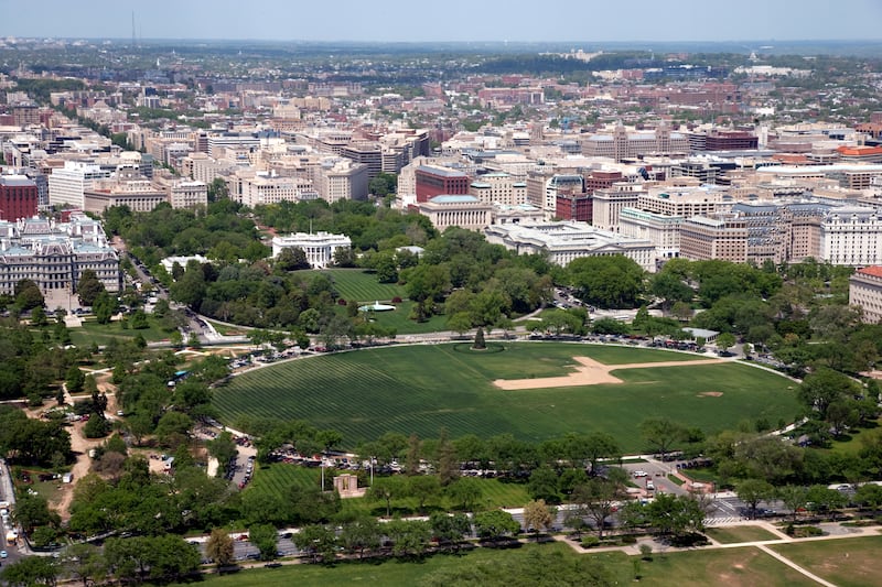 A 2010 photo shows the Ellipse in the foreground, with the White House and South Lawn at the back.
