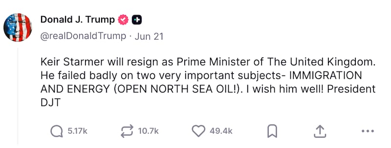 Donald Trump spills the news that Keir Starmer is stepping down as UK Prime Minister.