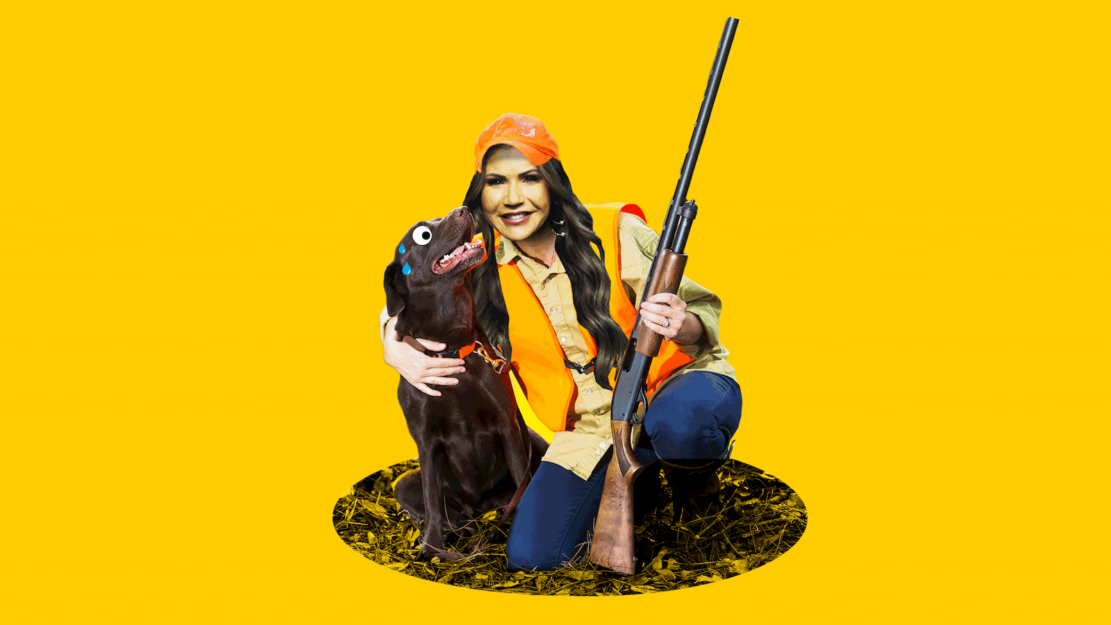 A photo illustration gif of Kristi Noem holding a gun and hugging a dog