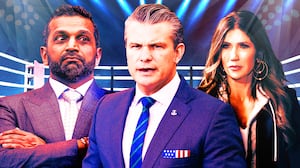 A photo illustration of Kash Patel, Pete Hegseth, and Kristi Noem.