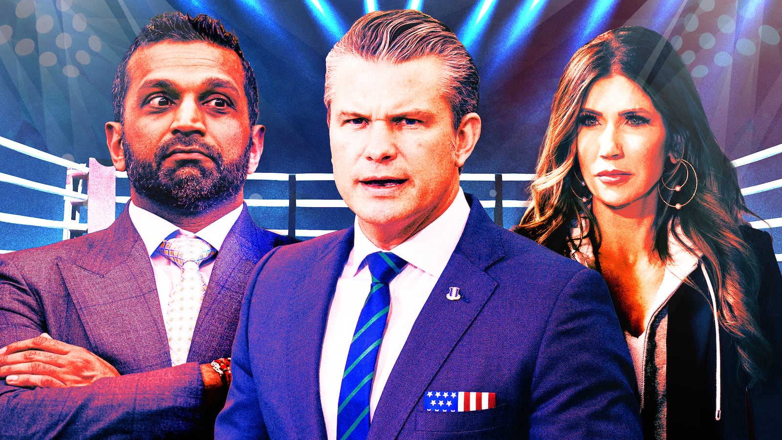 A photo illustration of Kash Patel, Pete Hegseth, and Kristi Noem.