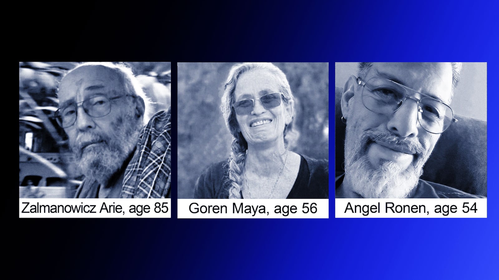 An illustration including photos of 3 Israelis Hostages