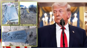 Photo composite showing Donald Trump during his speech to the nation and photos purportedly showing the wreckage of a f-15 fighter jet shot down by Iran