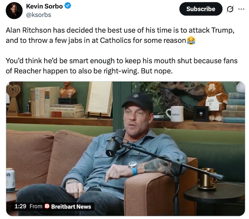 Kevin Sorbo blasts Alan Ritchson's anti-Trump comments.
