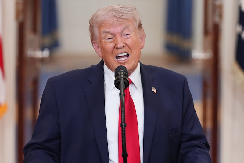 WASHINGTON, DC - APRIL 1: U.S. President Donald Trump speaks from the Cross Hall of the White House on April 1, 2026 in Washington, DC. Trump used the prime-time address to update the nation on the war in Iran.  (Photo by Alex Brandon-Pool/Getty Images)