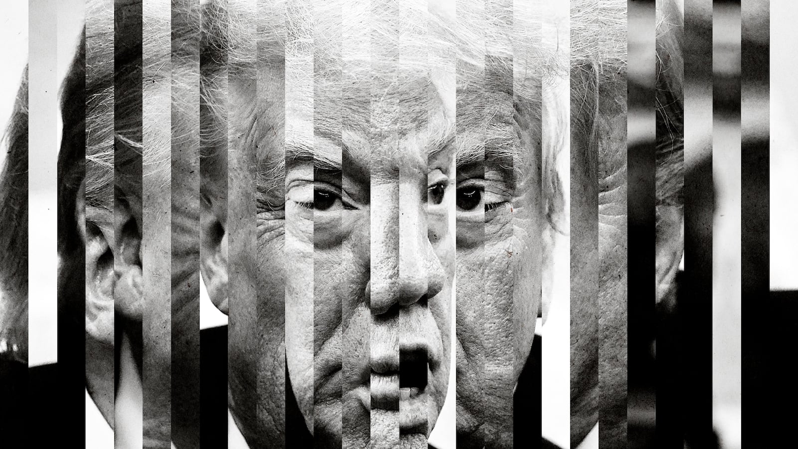Photo illustration of slices of Donald Trump collaged to create a distorted face in black and white