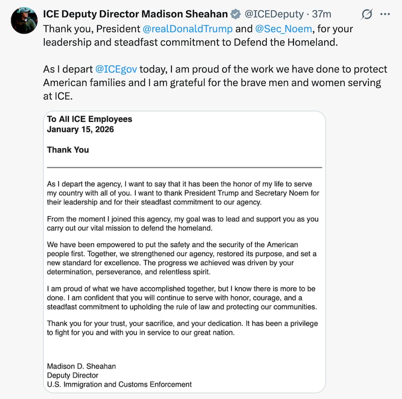 Sheahan shared her goodbye email to ICE staff on X.
