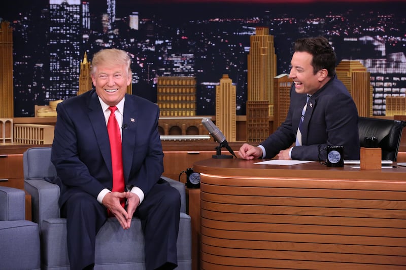 THE TONIGHT SHOW STARRING JIMMY FALLON -- Episode 0534 -- Pictured: (l-r) Republican Presidential Candidate Donald Trump during an interview with host Jimmy Fallon on September 15, 2016 -- (Photo by: Andrew Lipovsky/NBCU Photo Bank/NBCUniversal via Getty Images via Getty Images)