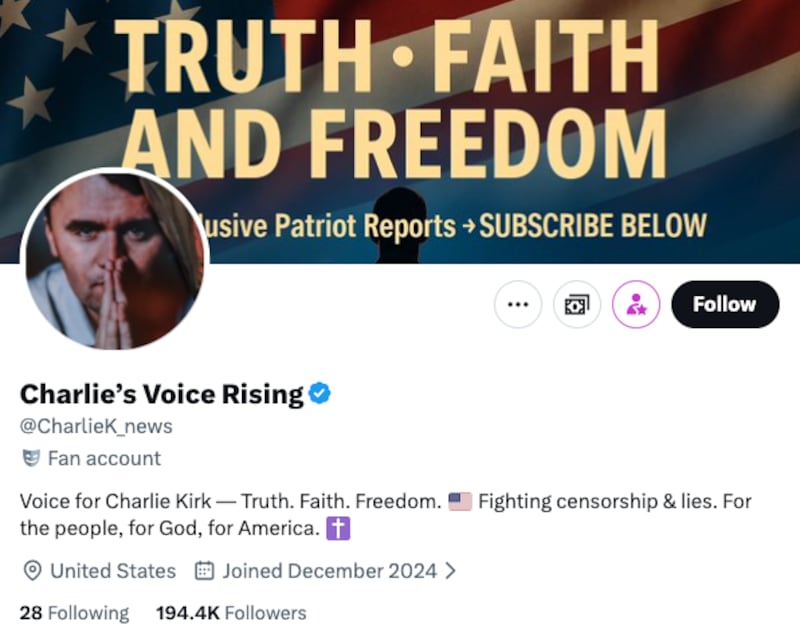 The Charlie Kirk themed account has an American flag in the description.