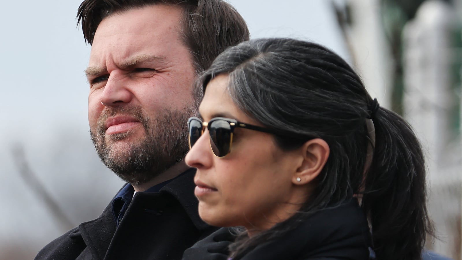 A close-up of JD and Usha Vance—who is wearing sunglasses and a ponytail—visiting Ohio in February 2025.