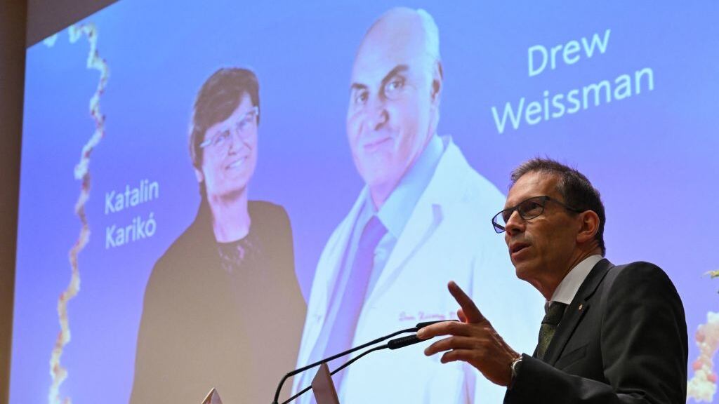 Nobel Committee member Thomas Perlmann announces Katalin Kariko and Drew Weissman as the winners of the 2023 Nobel Prize in Physiology or Medicine in Stockholm on Oct. 2, 2023.
