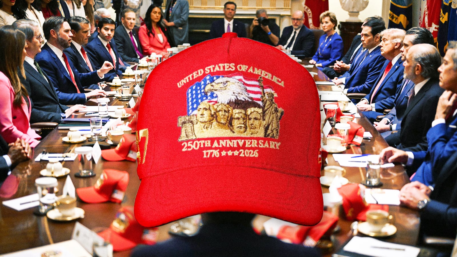 A photo illo illustration of Donald Trump participates in a cabinet meeting with his new MAGA 250th Anniversary hats.