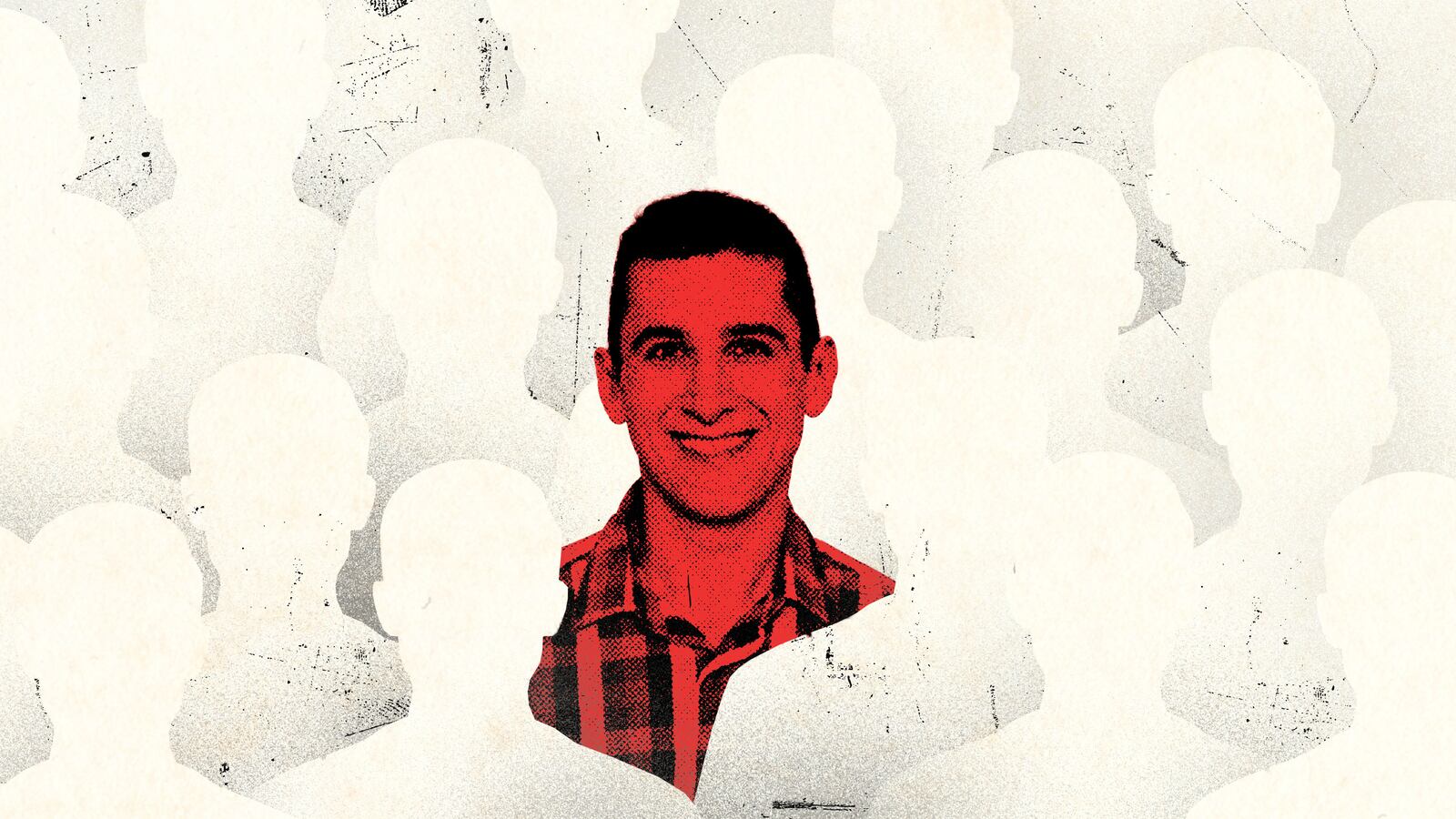 A photo illustration of Richard Hanania in red surrounded by white shady figures