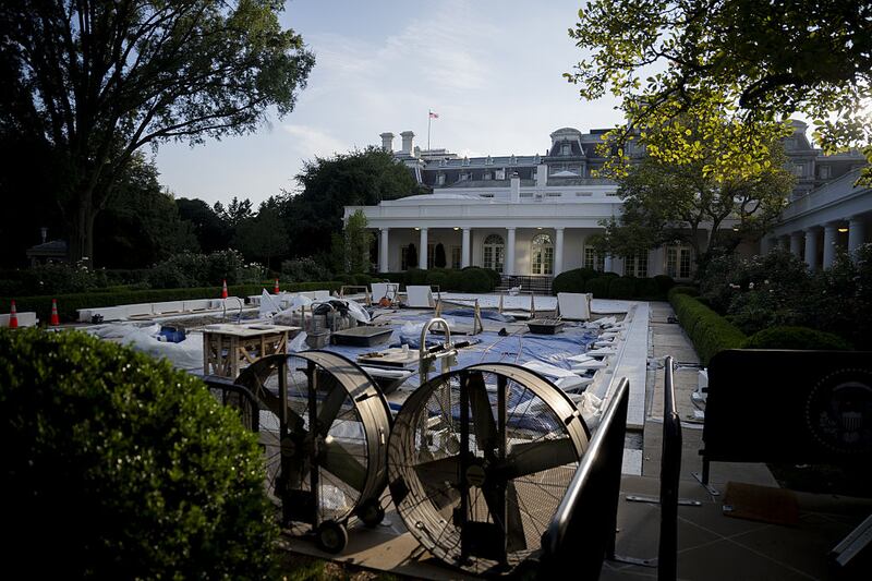 WASHINGTON DC, UNITED STATES - JULY 15: A view of construction in the Rose Garden of the White House in Washington DC, United States on July 15, 2025. (Photo by Celal Gunes/Anadolu via Getty Images)