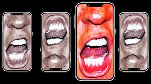 Illo illustration of Donald Trump yelling inside an iphone cellphone