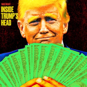 A photo illustration illo of Donald Trump holding up money for Inside Trump's head podcast.