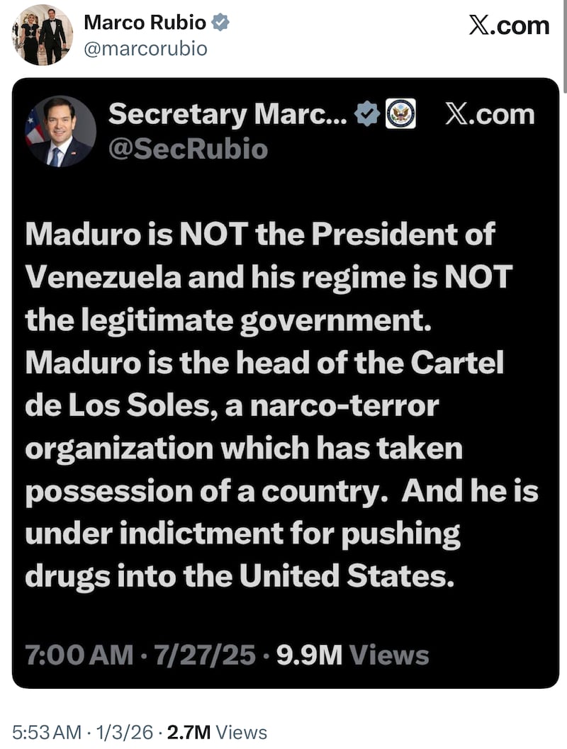 Secretary Marco Rubio: Maduro is NOT the President of Venezuela and his regime is NOT the legitimate government.
Maduro is the head of the Cartel de Los Soles, a narco-terror organization which has taken possession of a country. And he is under indictment for pushing drugs into the United States.