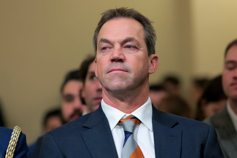 Bryon Noem, the husband of Secretary of Homeland Security Kristi Noem, listens as she testifies before the House Committee on Homeland Security on December 11, 2025 in Washington, DC.