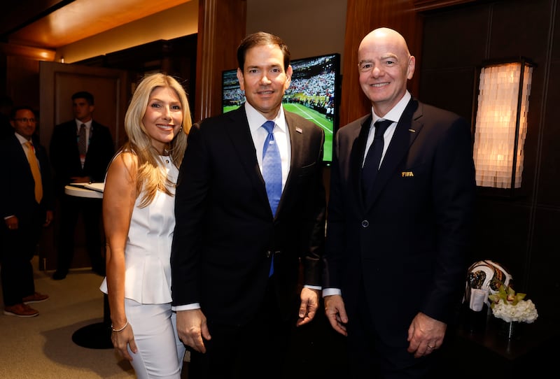 Jeanette Dousdebes Rubio, U.S. Secretary of State Marco Rubio and FIFA President Gianni Infantino attend the FIFA World Cup 2026 Final match between Spain and Argentina at New York New Jersey Stadium on July 19, 2026 in East Rutherford, New Jersey.