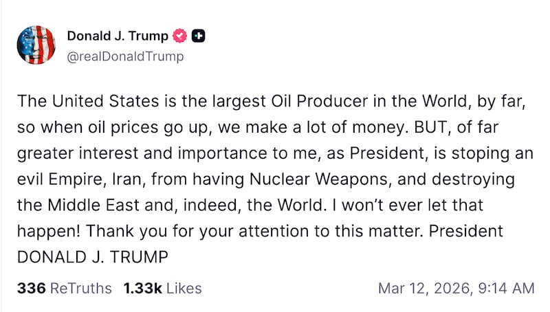 President Donald Trump argues oil prices going up is a good thing as prices surge due to his war in Iran.