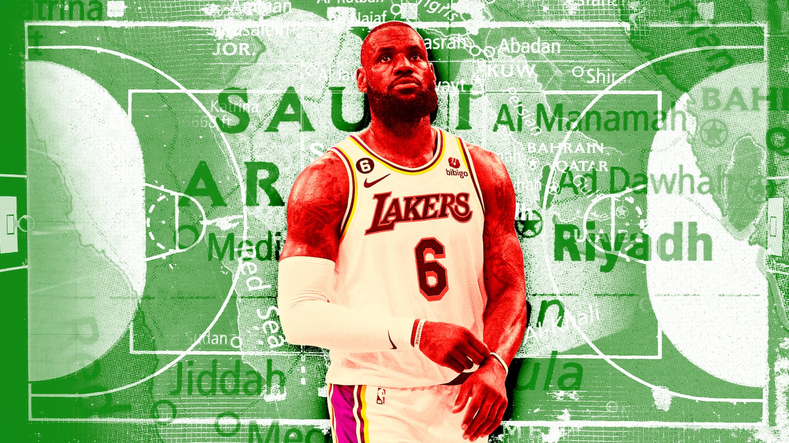 A photo illustration of LeBron James over a green map of Saudi Arabia.