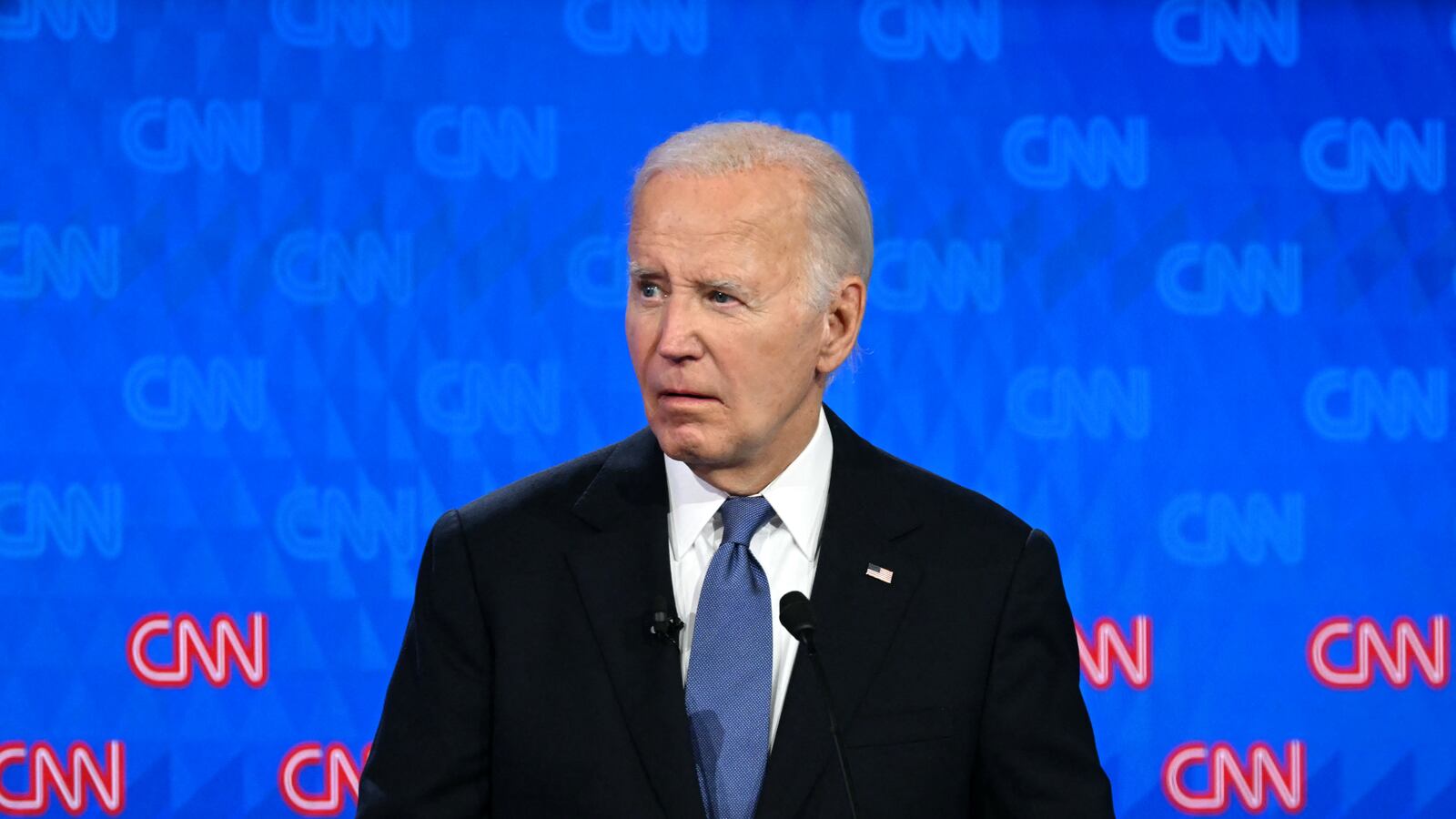 President Joe Biden looks on as he participates in the first presidential debate of the 2024 elections with former US President and Republican presidential candidate Donald Trump at CNN's studios in Atlanta, Georgia, on June 27, 2024.