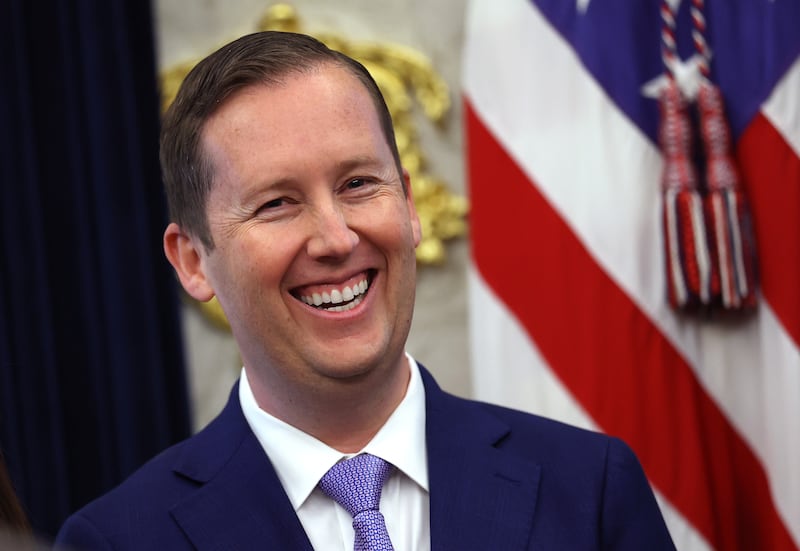 U.S. Ambassador to India Sergio Gor listens as U.S. President Donald Trump delivers remarks during his swearing-in ceremony in the Oval Office of the White House on November 10, 2025 in Washington, DC.
