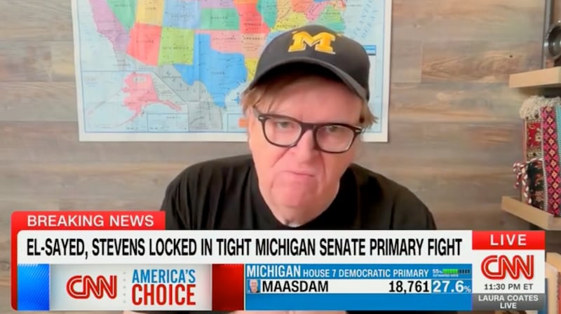 Michael Moore discussing the Michigan primary on CNN.