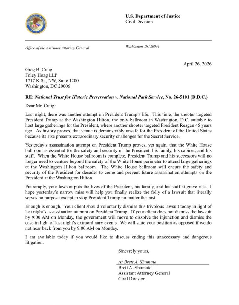The letter shared Sunday by Acting Attorney General Todd Blanche calling for the National Trust for Historic Preservation to halt its lawsuit against the umping ballroom. Photo: Department of Justice.