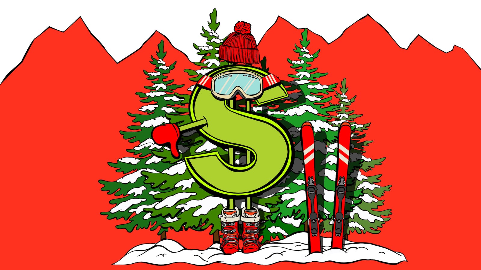 Illustration of a dollar sign with ski boots, goggles, and beanie hat with a thumbs down and skis in snow in front of a tree background.