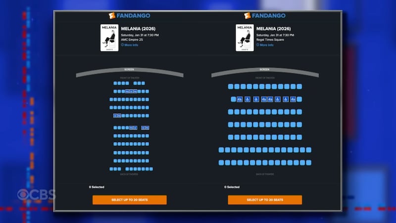 A screenshot of Fandango's booking platform, displayed on The Late Show With Stephen Colbert.