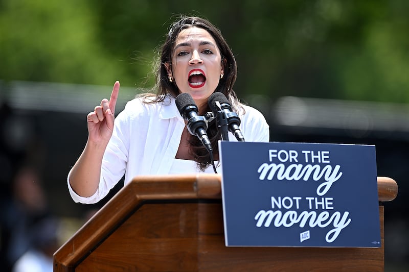 Alexandria Ocasio-Cortez speaks at a rally endorsing Jamaal Bowman at St. Mary's Park in the Bronx on June 22, 2024, in New York City.