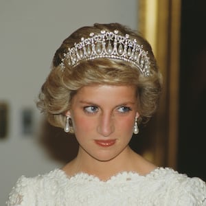 Diana, Princess of Wales, attends a dinner at the British Embassy in Washington, DC, November 1985.
