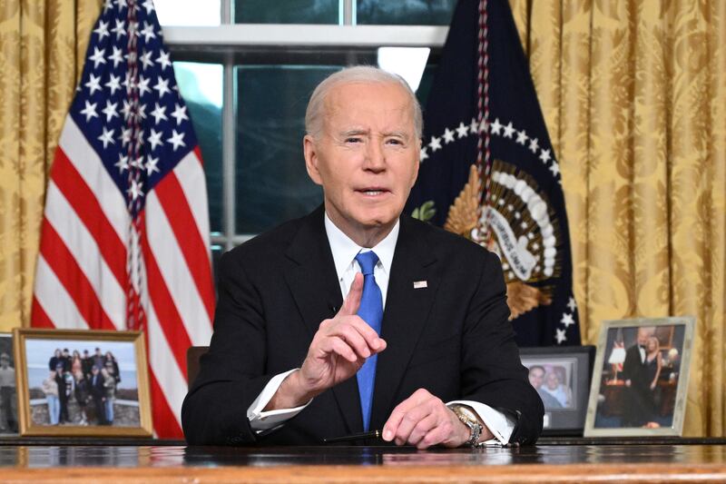 WASHINGTON, DC - JANUARY 15: US President Joe Biden delivers his farewell address to the nation from the Oval Office of the White House on January 15, 2025 in Washington, DC. (Photo by Mandel Ngan - Pool/Getty Imag,es)