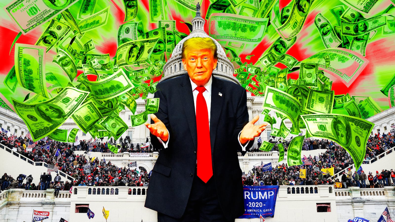 A photo illustration of Donald Trump, flying money, and the Capitol Jan. 6 rioters in 2021.