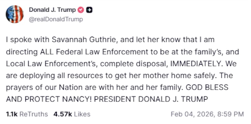 Trump posts about speaking with Savannah Guthrie on Wednesday night.