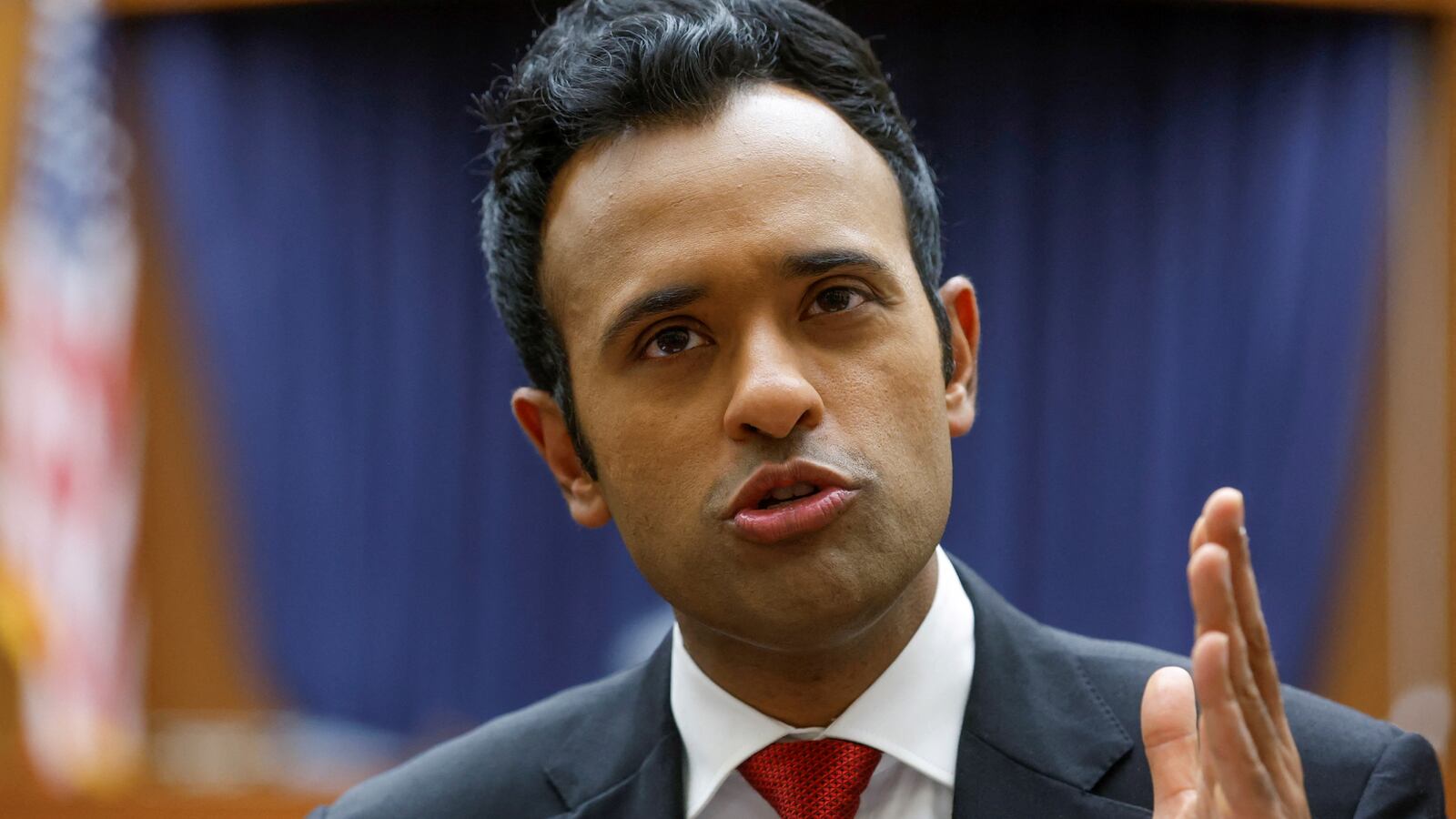 Republican presidential candidate Vivek Ramaswamy speaks with reporters after meeting with members of the Anti-Woke Caucus on Capitol Hill in Washington.