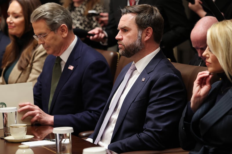 WASHINGTON, DC - JANUARY 29: (L-R) U.S. Secretary of Agriculture Brooke Rollins, U.S. Treasury Secretary Scott Bessent, U.S. Vice President JD Vance and U.S. Attorney General Pam Bondi look on during a meeting of the Cabinet in the Cabinet Room of the White House on January 29, 2026 in Washington, DC. President Trump is holding the meeting as the Senate plans to hold a vote on a spending package to avoid another government shutdown, however Democrats are holding out for a deal to consider funding for the Department of Homeland Security.  (Photo by Win McNamee/Getty Images)