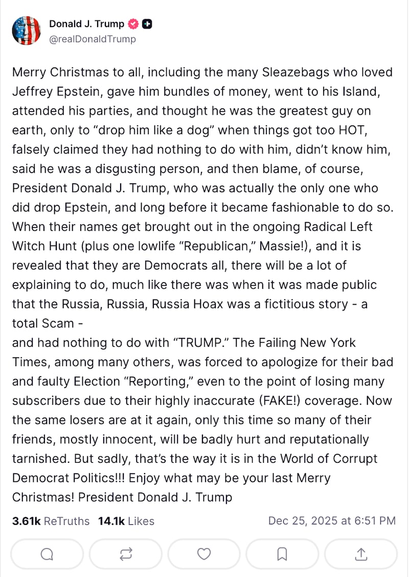 Even on Christmas, Trump is still thinking about the story that won't go away.