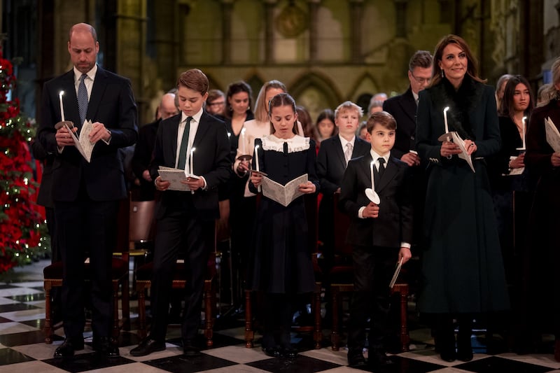 The Prince and Princess of Wales and their children Prince George, Princess Charlotte and Prince Louis (right) during the Together At Christmas carol service at Westminster Abbey on December 5, 2025 in London, England. Led by The Princess and supported by The Royal Foundation, the annual event offered a chance to pause and reflect on the values of love, compassion, and the connections we share. The service also highlighted remarkable individuals from across the UK who have demonstrated extraordinary kindness, empathy, and support within their communities. (Photo by Aaron Chown - Pool/Getty Images)