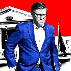 A photo illustration of Mike Johnson looking dour in front of Greenbrier Resort