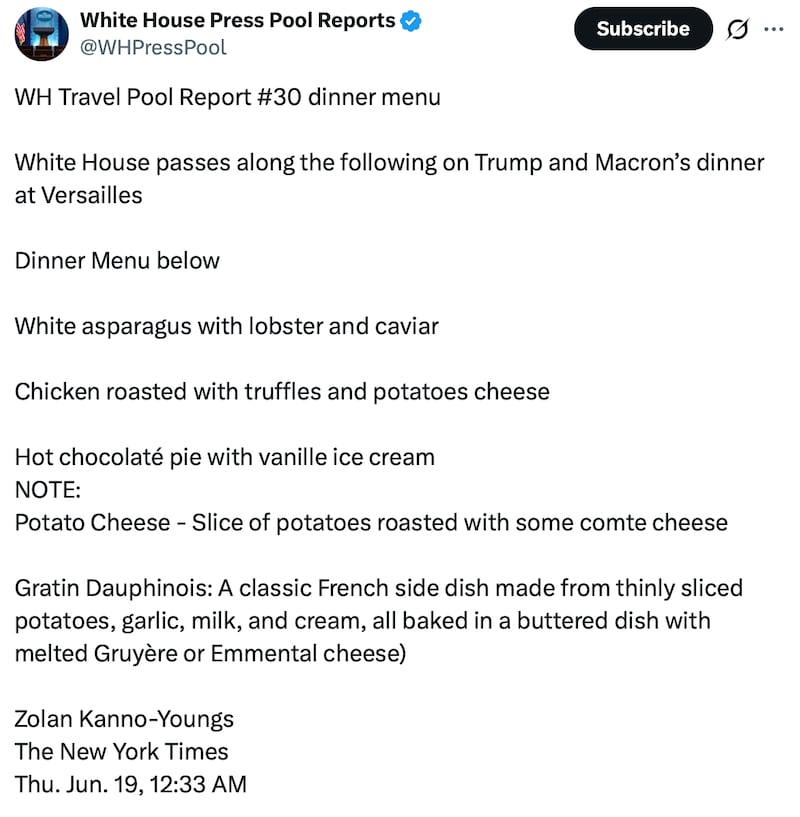 A White House Press Pool report of the menu at Trump's dinner.